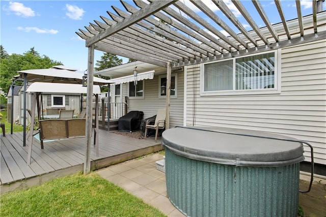 111 Crimson Bramble Rd, Henrietta, NY 14623 - wooden terrace with a hot tub, area for grilling, a gazebo, and a pergola