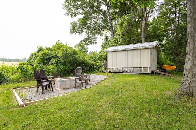 2023 Rainbow Ln, Lima, NY 14485 - view of grassy yard featuring an outdoor fire pit and a storage unit