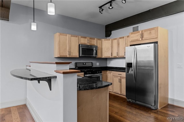 149 Swan St Unit 310, Buffalo, NY 14203 - kitchen featuring appliances with stainless steel finishes, light brown cabinetry, a peninsula, dark wood finished floors, and track lighting