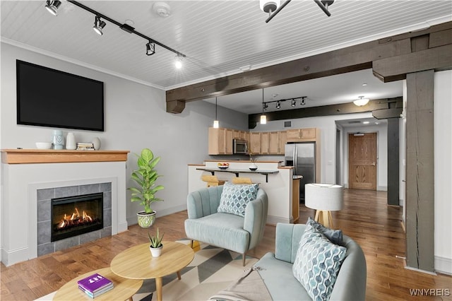 149 Swan St Unit 310, Buffalo, NY 14203 - living area with track lighting, wood finished floors, a tile fireplace, and ornamental molding