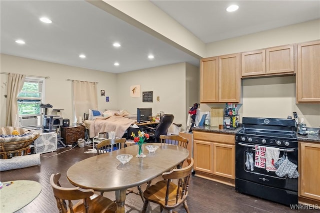 540 Longmeadow Rd, Amherst, NY 14226 - kitchen with black range with electric cooktop, light brown cabinetry, open floor plan, dark wood-style floors, and recessed lighting