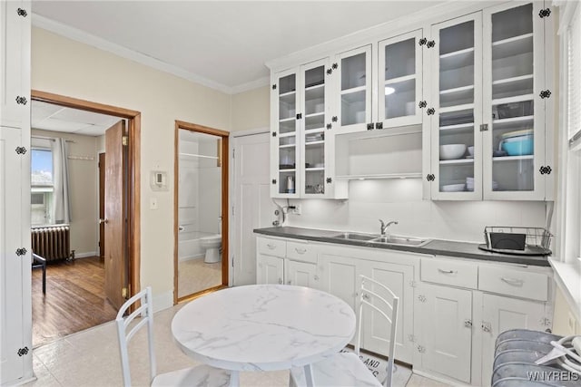 540 Longmeadow Rd, Amherst, NY 14226 - kitchen featuring crown molding, radiator heating unit, glass insert cabinets, dark countertops, and white cabinetry