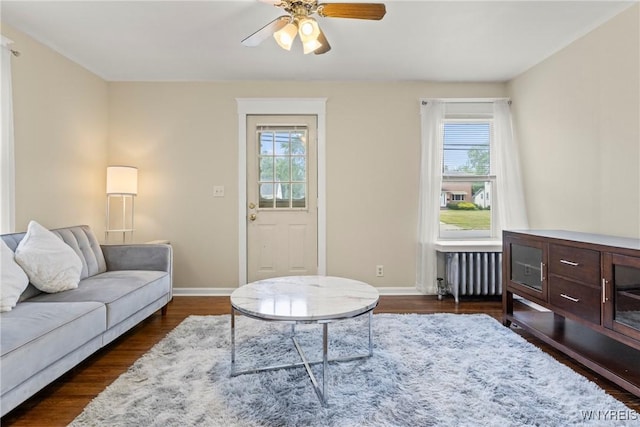 540 Longmeadow Rd, Amherst, NY 14226 - living area with healthy amount of natural light, radiator, dark wood-style flooring, and a ceiling fan