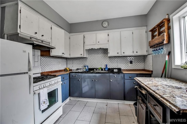49 Massachusetts Ave, Buffalo, NY 14213 - kitchen with white appliances, white cabinets, under cabinet range hood, and tasteful backsplash