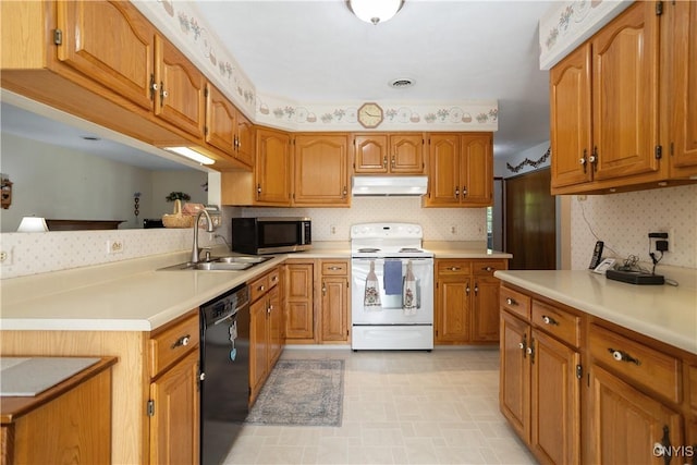 42 Park Ter, Sherrill, NY 13461 - kitchen featuring white electric range, wallpapered walls, brown cabinets, and dishwasher