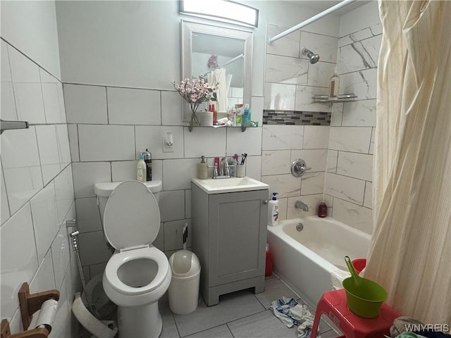 38 Langmeyer Ave, Buffalo, NY 14215 - bathroom with tile walls, shower / bath combo with shower curtain, tile patterned flooring, and vanity