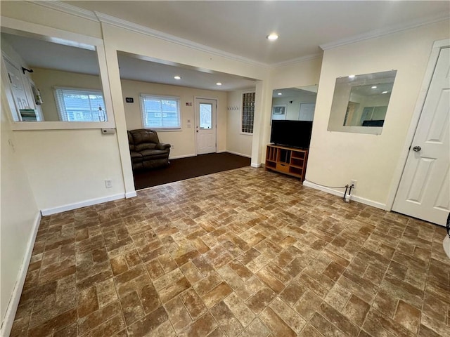 2201 Dewey Ave, Rochester, NY 14615 - unfurnished living room with brick flooring, ornamental molding, and recessed lighting
