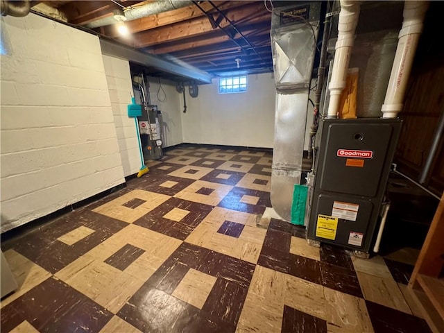 2201 Dewey Ave, Rochester, NY 14615 - below grade area featuring tile patterned floors, gas water heater, and heating unit