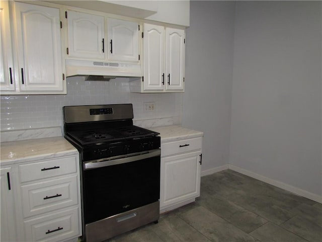 176 Selye Ter, Rochester, NY 14613 - kitchen with stainless steel gas range oven, tasteful backsplash, under cabinet range hood, white cabinetry, and light stone counters