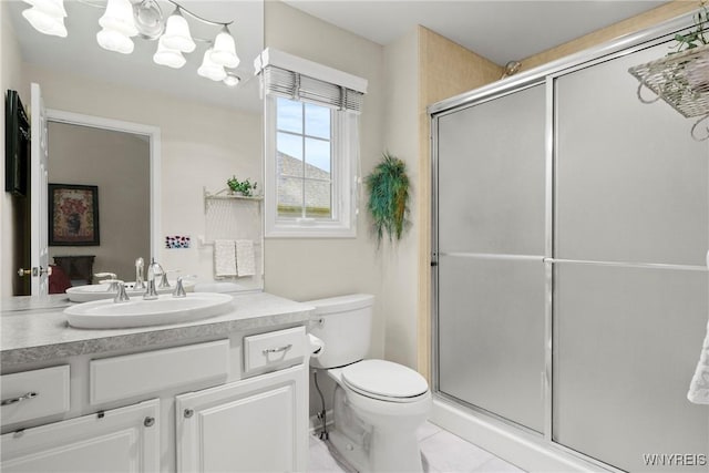6 Fair Woods Dr, Amherst, NY 14221 - full bath featuring vanity, a shower with door, a chandelier, and tile patterned floors