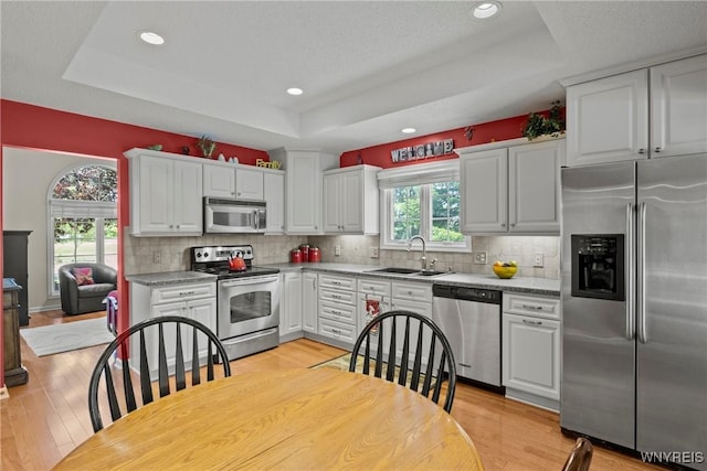 6 Fair Woods Dr, Amherst, NY 14221 - kitchen featuring a raised ceiling, appliances with stainless steel finishes, white cabinets, light countertops, and recessed lighting