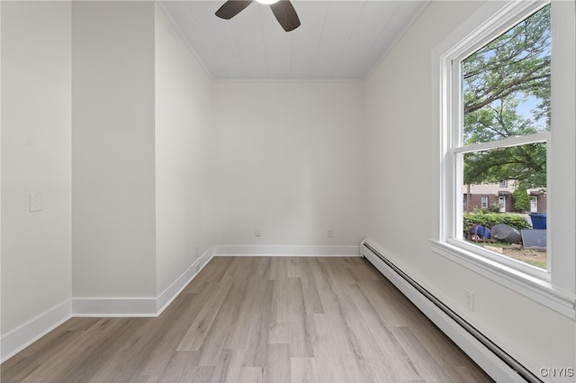 215 Vann St, Syracuse, NY 13206 - spare room featuring ornamental molding, a baseboard radiator, light wood-style flooring, and a ceiling fan