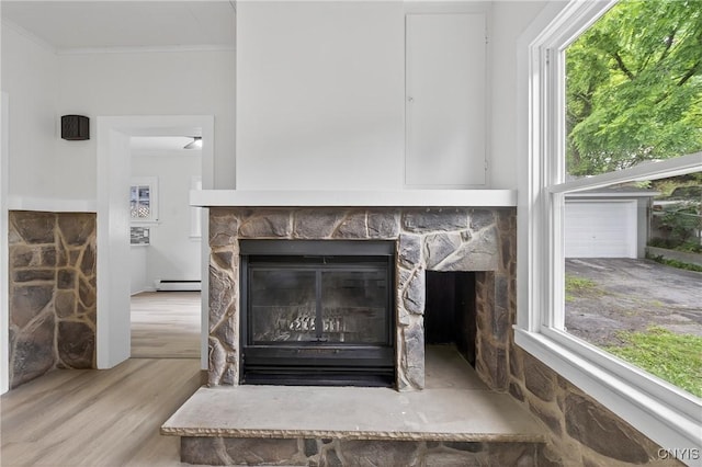 215 Vann St, Syracuse, NY 13206 - detailed view of wood finished floors, a stone fireplace, crown molding, and a baseboard heating unit
