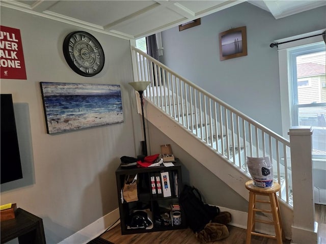 262 E 3rd St, Corning City, NY 14830 - stairway featuring wood finished floors, plenty of natural light, and crown molding