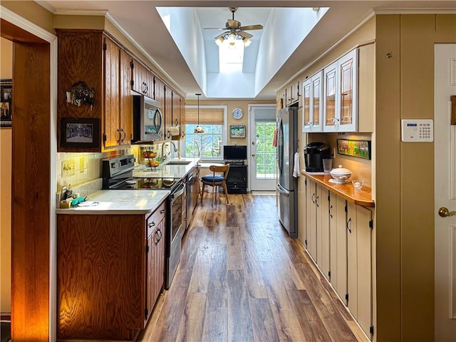 3265 Reading Rd, Reading, NY 14891 - kitchen featuring appliances with stainless steel finishes, wood finished floors, a ceiling fan, a raised ceiling, and light countertops
