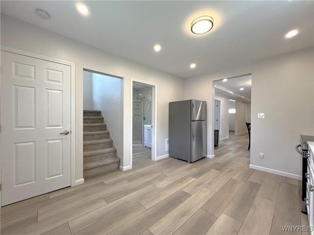 42 Argus St, Buffalo, NY 14207 - kitchen featuring freestanding refrigerator, light wood-type flooring, and recessed lighting