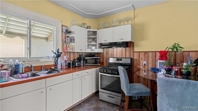 46 Alexander Ave, Cheektowaga, NY 14211 - kitchen with stainless steel appliances, a wainscoted wall, under cabinet range hood, white cabinets, and wooden walls