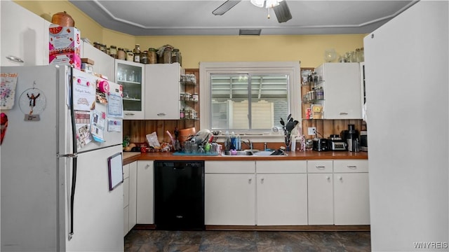 46 Alexander Ave, Cheektowaga, NY 14211 - kitchen with freestanding refrigerator, dishwasher, white cabinetry, ceiling fan, and glass insert cabinets