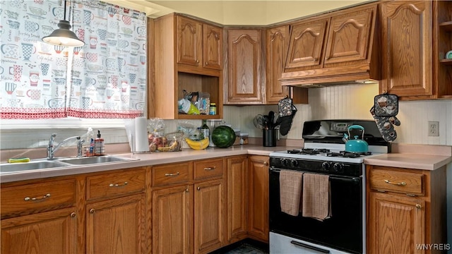 46 Alexander Ave, Cheektowaga, NY 14211 - kitchen featuring open shelves, gas stove, custom exhaust hood, brown cabinetry, and light countertops