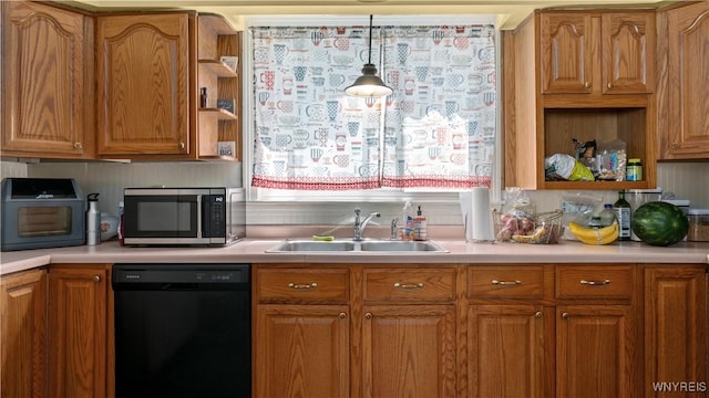 46 Alexander Ave, Cheektowaga, NY 14211 - kitchen with open shelves, dishwasher, stainless steel microwave, light countertops, and brown cabinetry