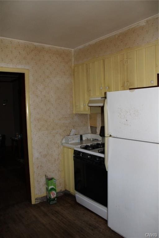 kitchen featuring white appliances and dark wood-type flooring