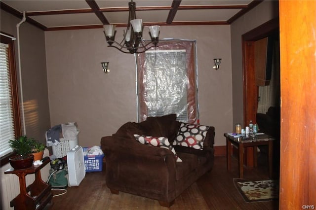 living room featuring dark hardwood / wood-style floors and a chandelier