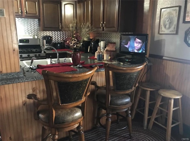 interior space featuring sink, tasteful backsplash, dark brown cabinetry, and stainless steel gas range oven