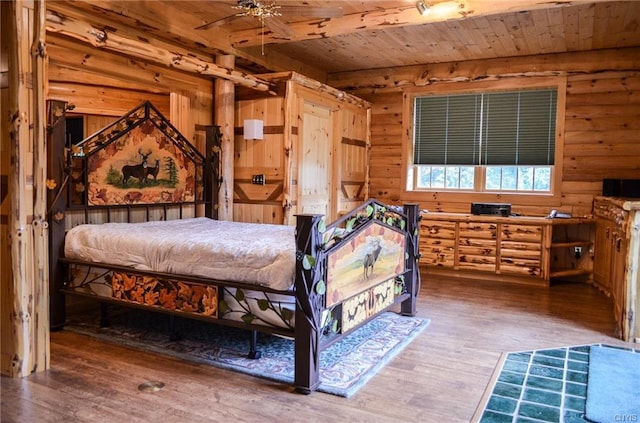 bedroom featuring wooden walls, wood ceiling, ceiling fan, and dark hardwood / wood-style flooring