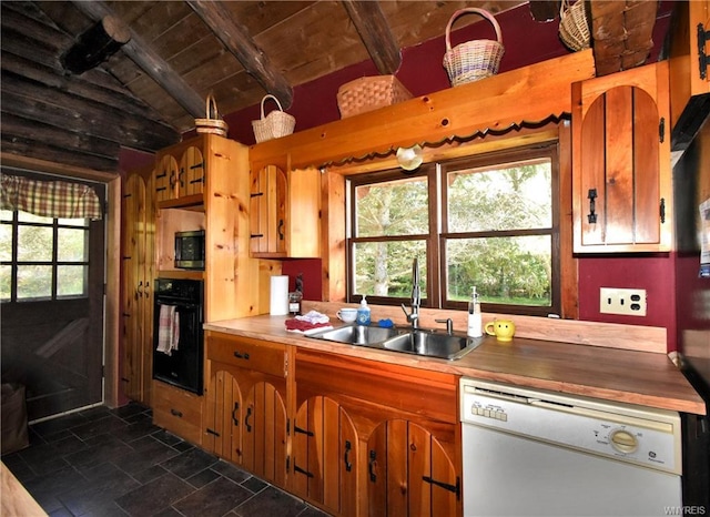 kitchen with black oven, vaulted ceiling with beams, dishwasher, sink, and wood ceiling