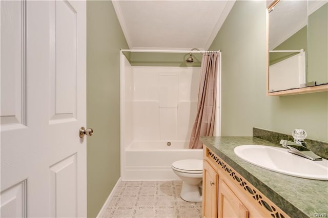 full bathroom with toilet, crown molding, shower / tub combo with curtain, tile flooring, and oversized vanity