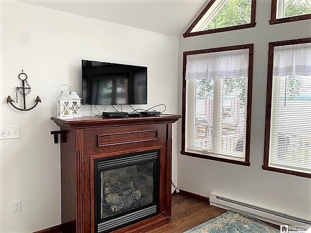 interior space featuring a baseboard radiator, dark wood-type flooring, and vanity