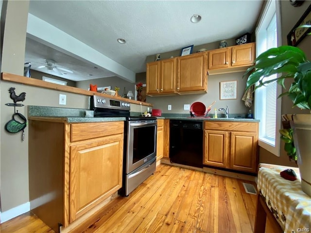 kitchen with sink, ceiling fan, electric range, dishwasher, and light wood-type flooring