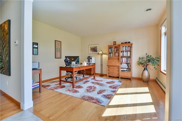 office area featuring light hardwood / wood-style flooring and baseboard heating