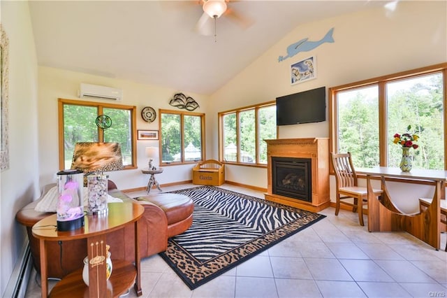 tiled living room featuring lofted ceiling, an AC wall unit, ceiling fan, and a baseboard heating unit