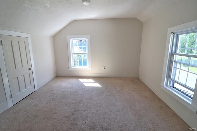 bonus room featuring light carpet, vaulted ceiling, and a textured ceiling