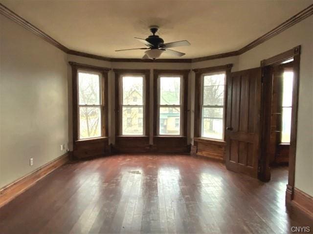 spare room featuring dark hardwood / wood-style floors, ceiling fan, and ornamental molding