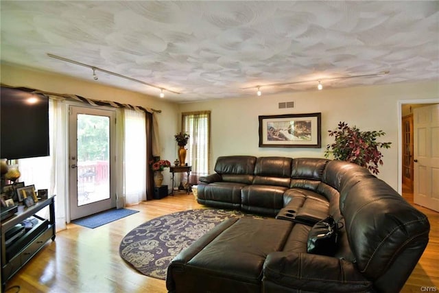 living room featuring light hardwood / wood-style flooring and rail lighting