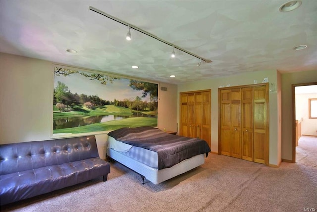 bedroom featuring rail lighting, multiple closets, and light colored carpet