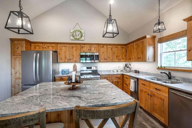 kitchen featuring light stone counters, sink, pendant lighting, appliances with stainless steel finishes, and a kitchen breakfast bar