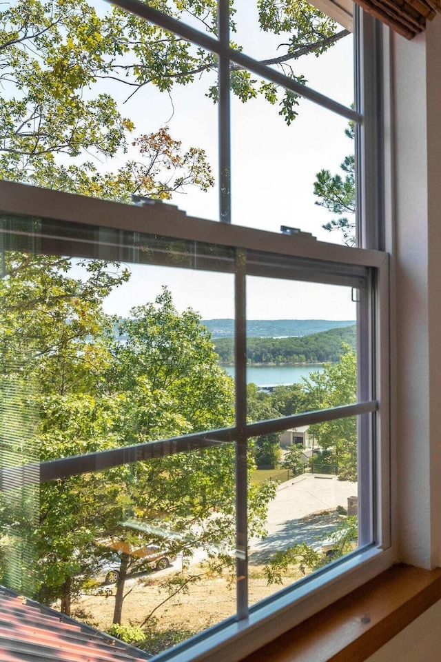 interior details with a water view