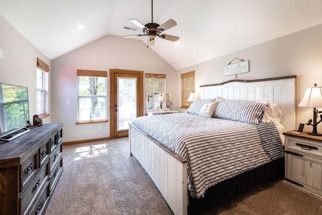 bedroom with lofted ceiling, ceiling fan, carpet floors, and access to exterior