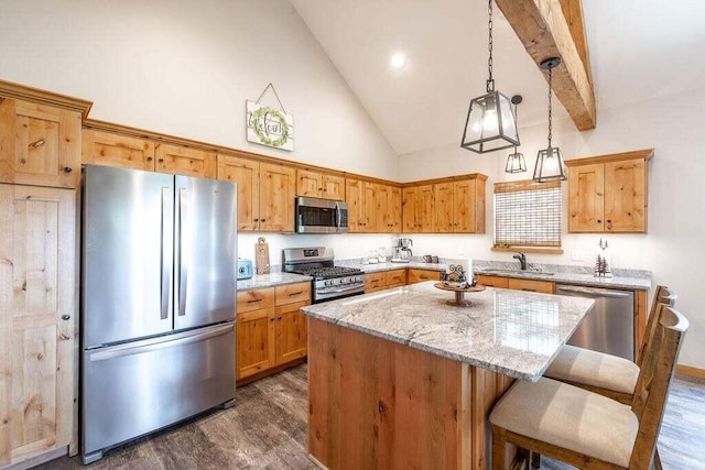 kitchen with pendant lighting, dark hardwood / wood-style floors, high vaulted ceiling, appliances with stainless steel finishes, and a center island