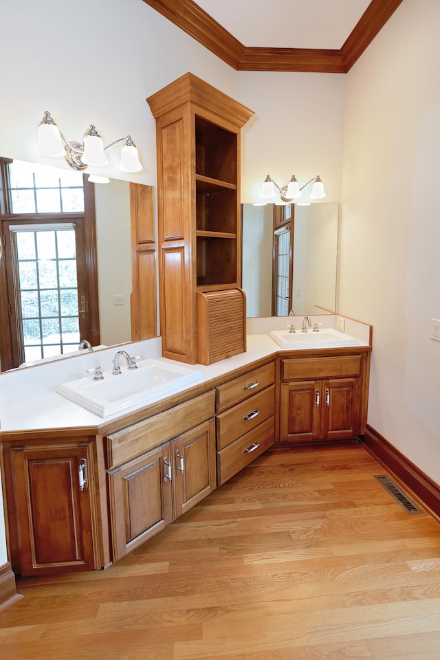 bathroom featuring crown molding, hardwood / wood-style flooring, and vanity