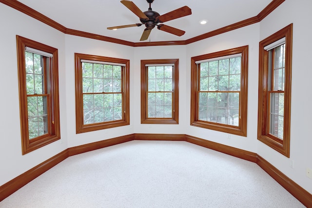 unfurnished room with ornamental molding, ceiling fan, and carpet floors