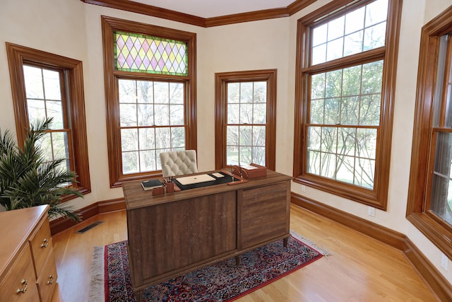 office area with light hardwood / wood-style flooring and a healthy amount of sunlight