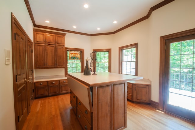 kitchen featuring a kitchen island, crown molding, and light hardwood / wood-style flooring