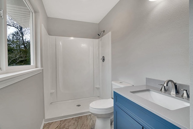 bathroom with a shower, vanity, and toilet