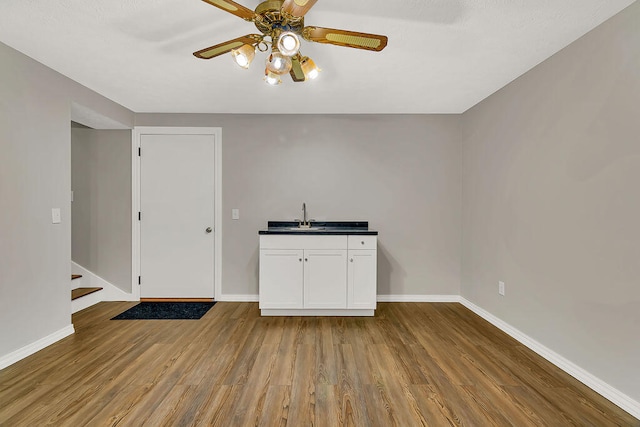 interior space with ceiling fan, light hardwood / wood-style flooring, and sink