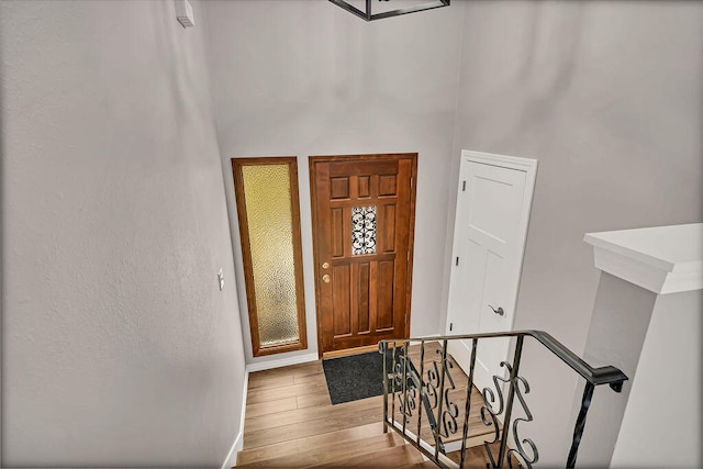 entryway with hardwood / wood-style flooring and a high ceiling