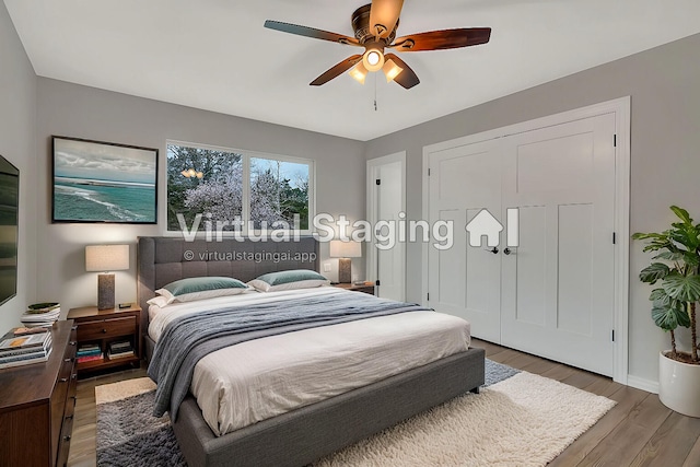 bedroom featuring ceiling fan and hardwood / wood-style floors